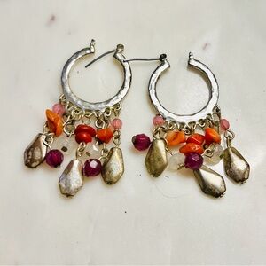Vibrant Orange and Pink Hoop Earrings with Cascading Charms